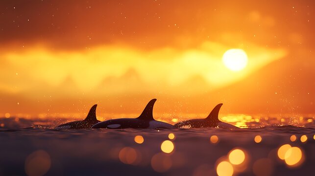 Three orcas swim in the ocean during a vibrant orange sunset with the sun visible