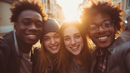Fototapeta premium happy friends from diverse cultures and races taking selfie with back lighting youth and friendship concept with young people having fun together main focus on left two guys retro filter no logos 
