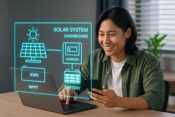 Exploring solar energy management user interacting with solar system dashboard at home digital technology indoor personal view sustainability concept