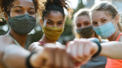diverse multiracial fit girls friends wear face masks give elbow bump sporty african indian and caucasian young women group noncontact greeting together starting outdoor fitness training closeup no l