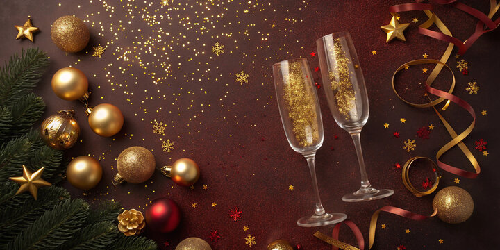 red christmas new year background with christmas tree and balls glass of champane