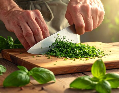 Chef chopping fresh herbs - Powered by Adobe