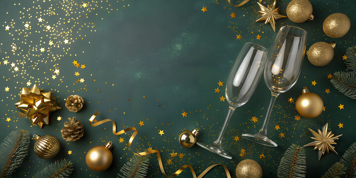 green christmas new year background with christmas tree and balls glass of champane