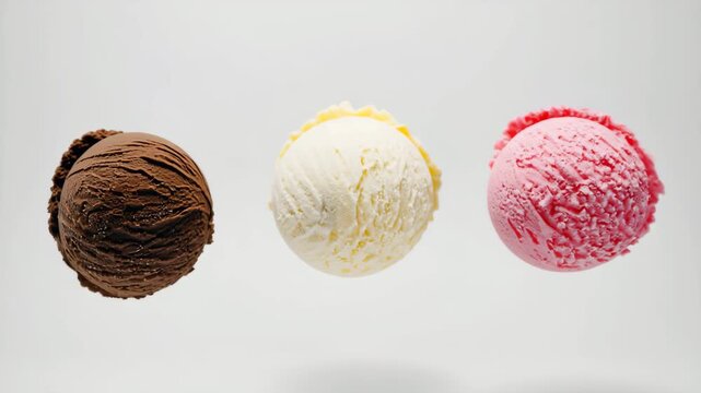 Schokoladen-, Vanille- und Erdbeer-Eiskugeln vor hellem Hintergrund &ndash; Frisches Eis in Bewegung