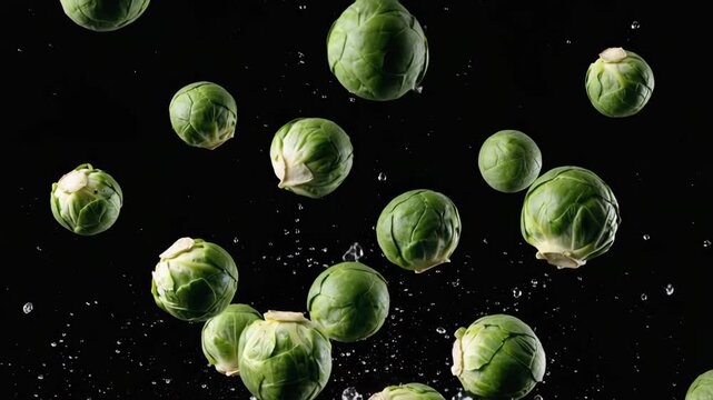 Fallender Rosenkohl vor schwarzem Hintergrund &ndash; Minimalistische Food-Szene in Bewegung