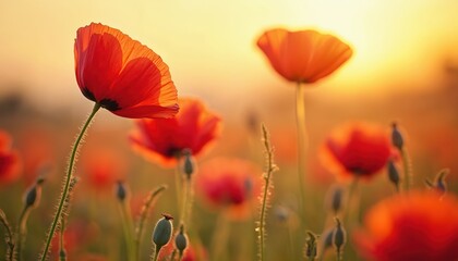 Vibrant red poppies bloom in a sunlit summer field. Delicate petals catch golden hour light, creating a serene natural scene. Wildflowers grow abundantly near grass and wheat.