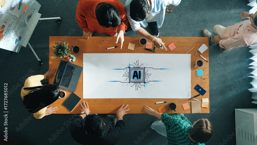 Poster engaging teamwork session showcasing a diverse group of professionals brainstorming around a table, 