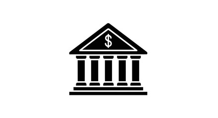 Solid black bank building icon with classical columns and a dollar sign symbol.