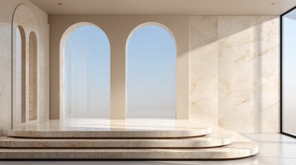 Obraz premium A light-filled, minimalist interior scene with arched windows and a tiered marble platform, evoking a serene and elegant ambiance.