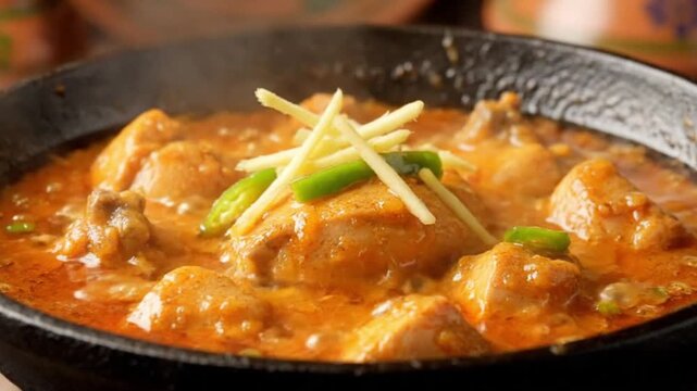Chicken Karahi Dish with Ginger and Green Chili Garnish | Authentic Pakistani Cuisine Meal for Restaurant Menus and Food Blogs