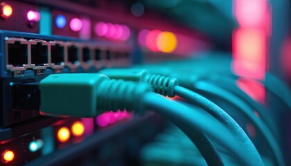Closeup of ethernet cables connected to network switch ports. Device multiple bright indicator lights flashing, showing active data transfer. Tech hardware provides high speed internet access for