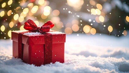 Red gift with bow in snowy landscape, festive lights in background, bokeh effect