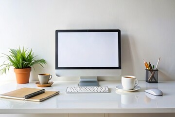 Fototapeta premium Minimalist Office Desk with Computer, Coffee, and Stationery