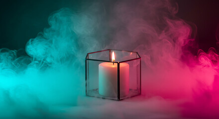 Candle placed inside a geometric glass cube, surrounded by smoke in gradient pink and turquoise colors