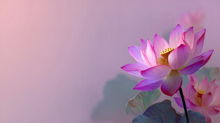 Pink lotus flower blooming on a pastel purple background. Floral beauty for tranquil meditation and spa.