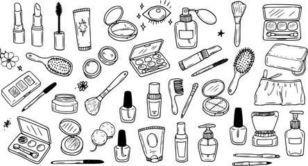 Hand-drawn doodle collection of beauty products, makeup, and cosmetic items, featuring skincare, brushes, and accessories in a simple line art style.
