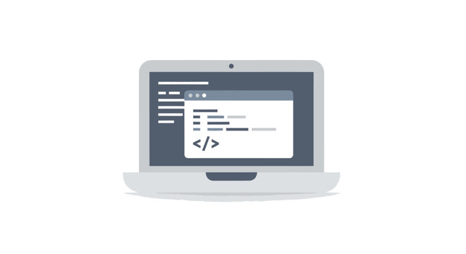 Cartoon Laptop Displaying Code Snippet and Software Interface.