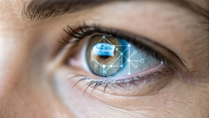 Focused human eye reflecting digital network represents future of ai governance. close up visualizes biometrics regulation and deep ethics of modern technology