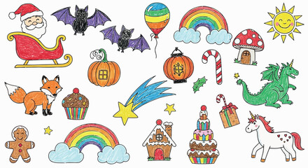 Vector art of collection of colorful handdrawn holiday and fantasy elements