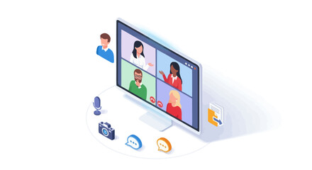 Isometric illustration of a virtual online video conference meeting on a computer screen with multiple participants.