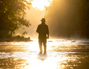 Silhouette of a fly fisherman in a river at sunrise, morning nature landscape