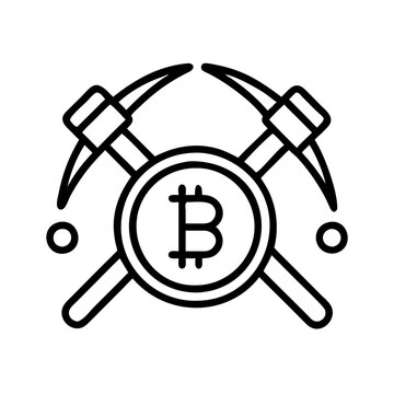 Bitcoin mining concept with pickaxes and bitcoin symbol for cryptocurrency and blockchain technology