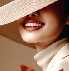 Gros plan, sur jeune femme souriant avec chapeau cachant ses yeux