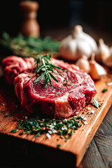 Pièce de viande sur planche en bois dans la cuisine