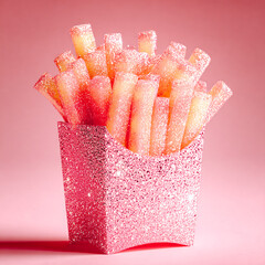 Frites dans boite pailletée rose