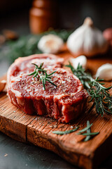 Pièce de viande sur planche en bois dans la cuisine
