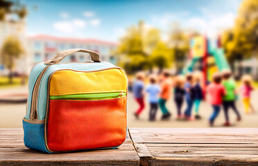 Cartable posé sur un planche en bois avec cour d'école et enfants jouant en arrière plan 