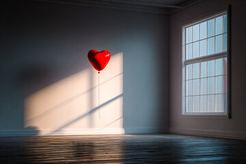Ballon rouge en forme de coeur dans une pièce vide
