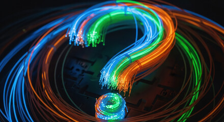 Glowing question mark symbolizes complex ai governance and regulation challenges. swirling lights highlight confusing ethics and inquiry into future technology and data