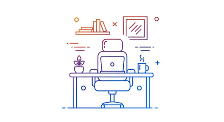 Modern Workspace Outline with Bookshelf and Decor.