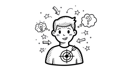 Cartoon Illustration of a Smiling Person with Target and Thoughts.