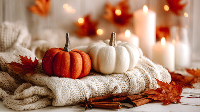 Citrouilles, bougies, sc&egrave;ne automnale