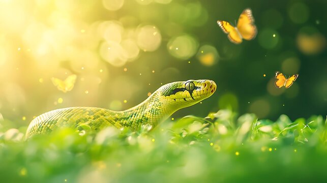 A green python snake slithers through lush green grass with butterflies flying around