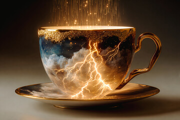 Boisson magique dans tasse de porcelaine avec étincelles