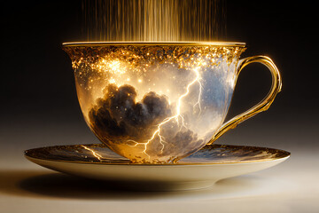 Boisson magique dans tasse de porcelaine avec étincelles