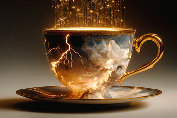 Boisson magique dans tasse de porcelaine avec étincelles