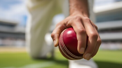 Close-up of Bowler's Hand Gripping Red Leather Cricket Ball Ready to Deliver a Fast Ball in a Stadium.