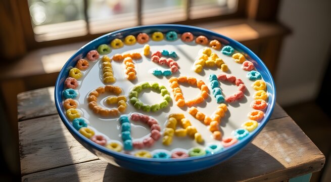 Food and drink themed image. Colorful cereal spelling "It's a good day" floating in a blue bowl of milk. Concept image for breakfast or social media.