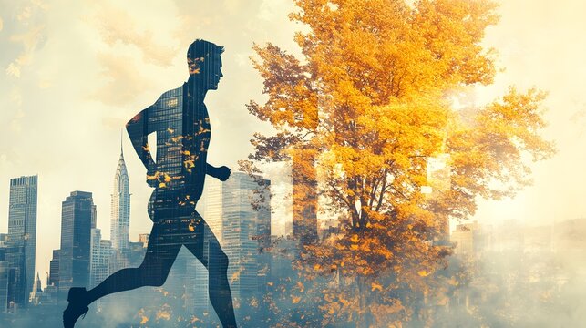 Double exposure effect of a runner and modern cityscape. - Powered by Adobe