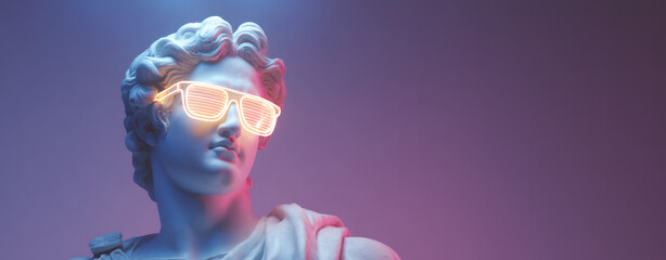 A marble statue of a man with glowing neon sunglasses. Modern art concept. Creative design element for marketing and advertising.