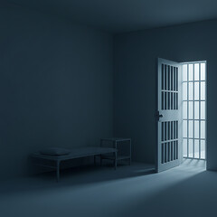 Dark prison cell with open door and bed in minimalistic style  
