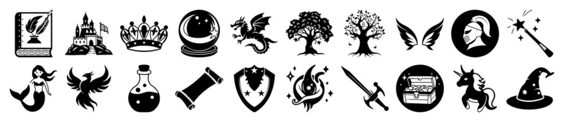 Vector art of collection of fantasy icons including a book, castle, crown, crystal ball, dragon, tree, wings, shield, sword, potion, mermaid, phoenix, unicorn, and wizard hat
