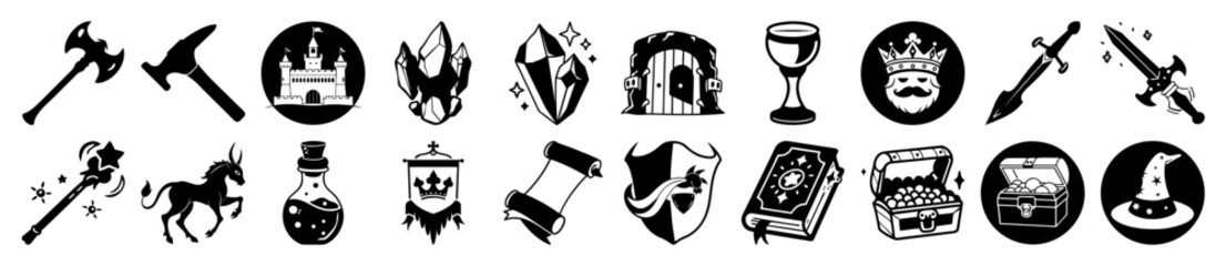 Vector art of collection of fantasy game icons including axes, swords, shields, castles, potions, crowns, treasure chests, and wizard hats