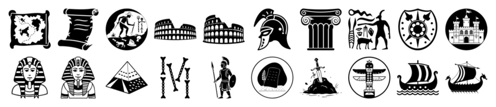 Vector art of collection of historical and cultural icons, including ancient maps, scrolls, egyptian pharaohs, pyramids, roman colosseum, greek column, viking ships, and more