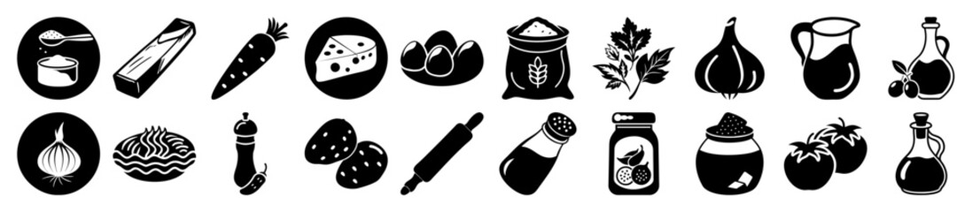 Vector art of collection of black and white icons representing various food ingredients and cooking utensils, isolated on a