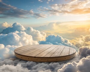 Wooden Platform in the Clouds at Sunset Ideal for Product Display
